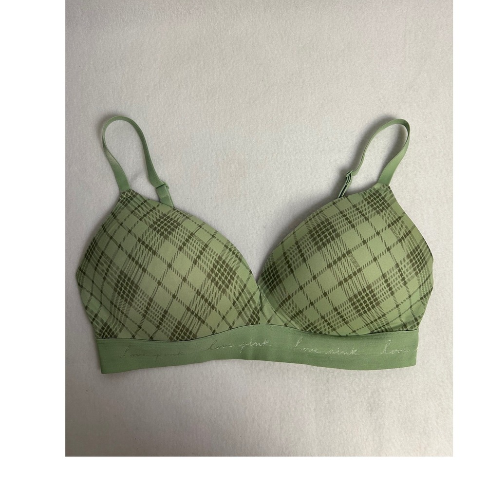 Preppy Plaid Victoria's Secret PINK Women 38D Green Wear Everywhere Wireless Bra